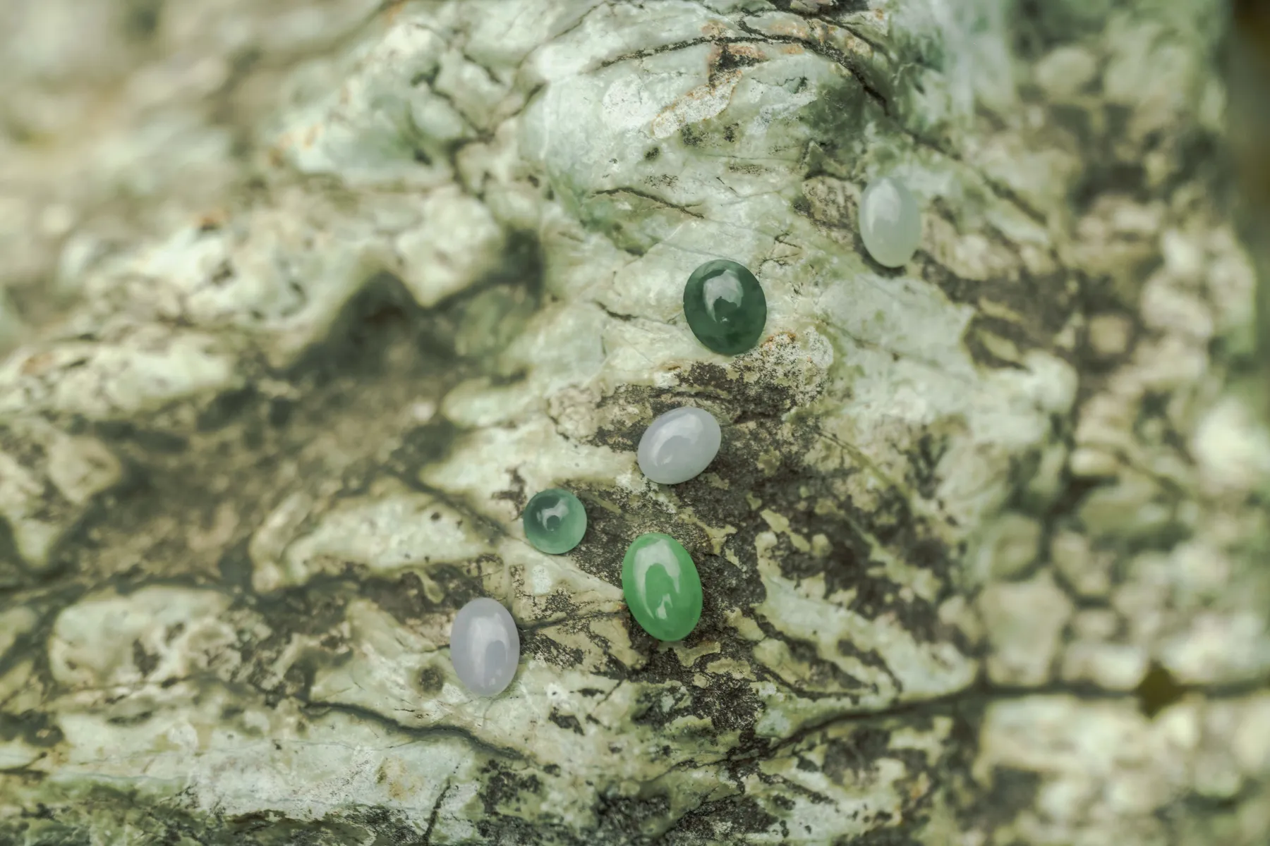 Raw jade stones on river rock