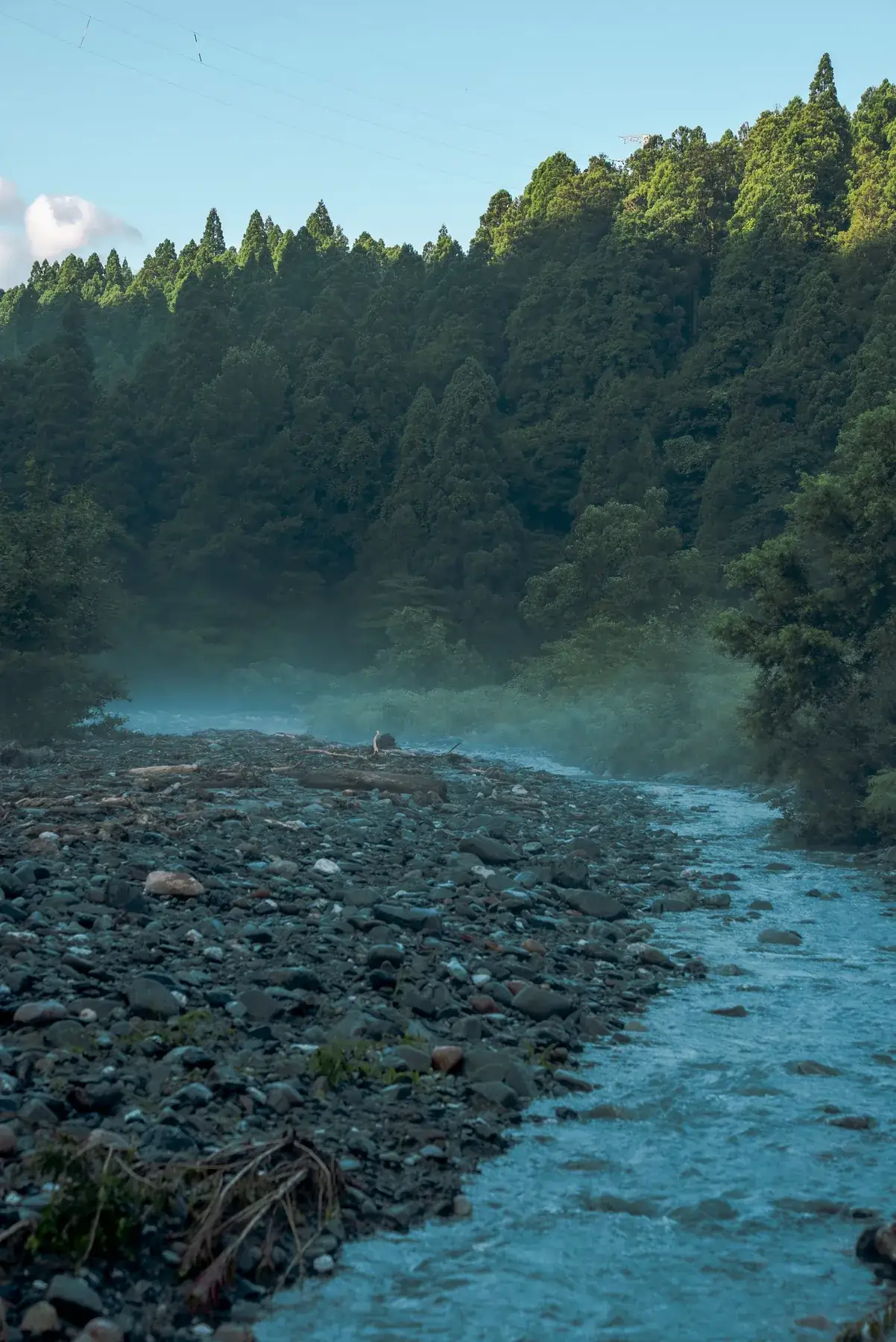 The river at Itoigawa, mist over the forest
